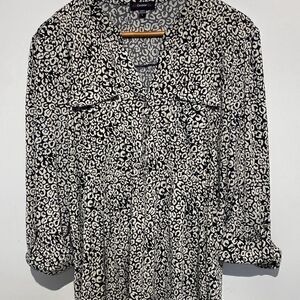 Cocomo Women's Black White Abstract Pleated Long Sleeve Tunic Blouse Size Large